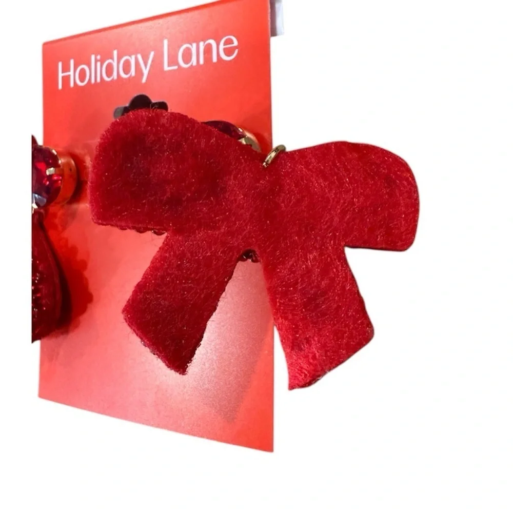 Holiday Lane Drop Earrings Beaded Bow Glass Bead Crystal Red 2 Inches NWT